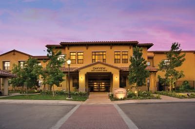 Exterior view of OakView Health Center at sunset