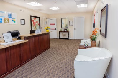 Bright reception area of a senior living facility