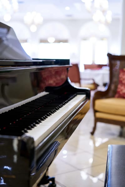 Close-up of a piano in a common area