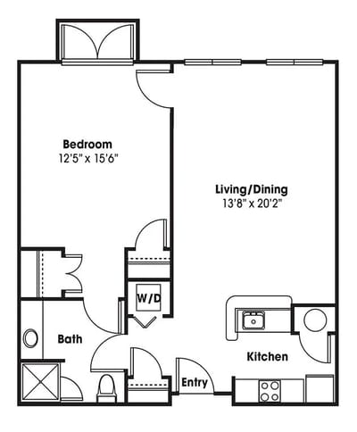 Architectural floor plan of a one-bedroom unit