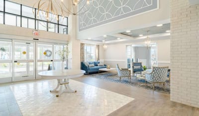 Bright and inviting common area with seating