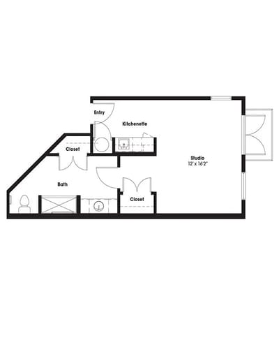 Architectural floor plan of a studio apartment
