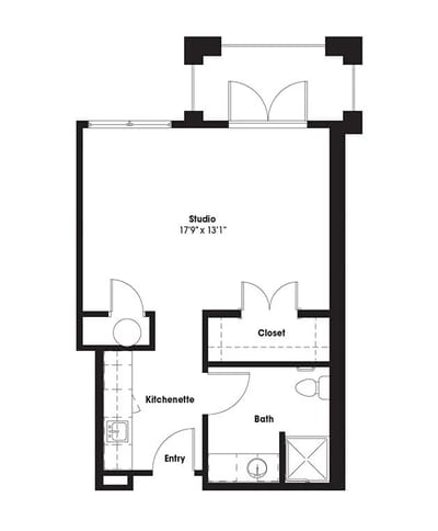 Architectural floor plan of a studio unit