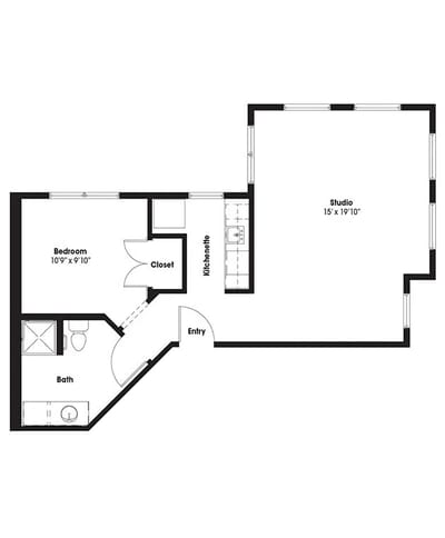 Architectural floor plan of a studio apartment