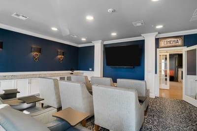 Interior seating area with cinema signage