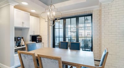 Bright shared dining area with modern decor