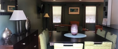 Cozy common area with seating and decorative elements
