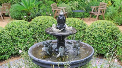 A tranquil fountain surrounded by greenery and seating.
