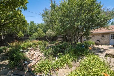 Well-maintained garden area with trees and landscaping