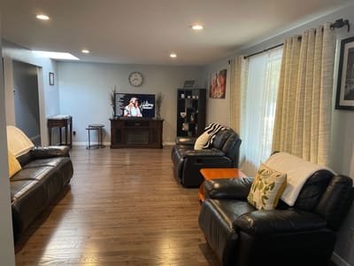 Bright interior of a cozy common area with seating