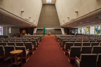 Interior view of a large common area with seating