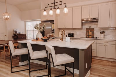 Modern kitchen interior with seating and decor