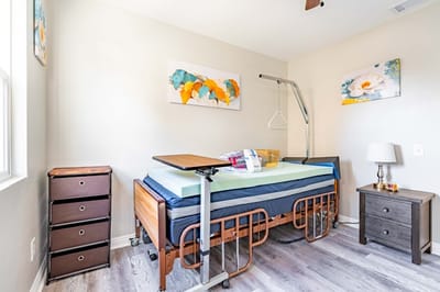 Bright, private resident room with adaptive equipment