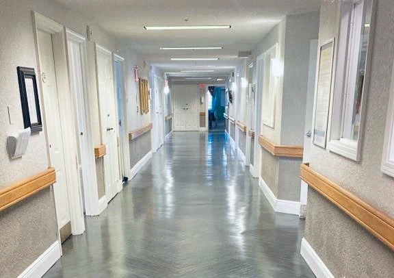 Bright hallway in a senior living facility