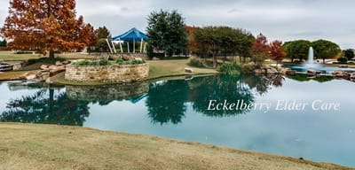 Scenic outdoor area at Eckelberry Elder Care with a pond