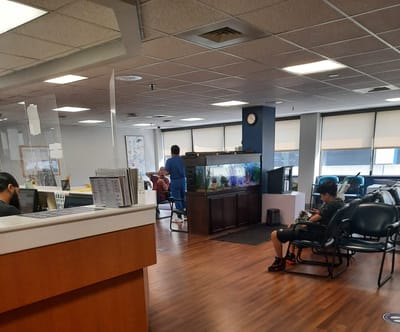 Interior view of a common area with residents and an aquarium