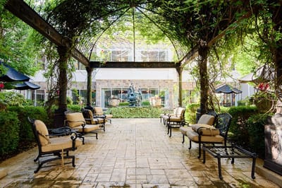 Quiet outdoor seating area with greenery and fountain