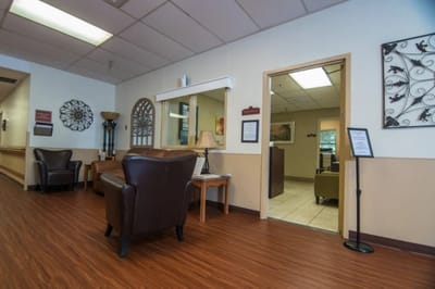 Interior view of a common area with seating