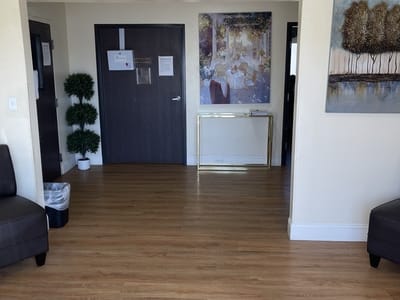 Interior view of a common area with seating