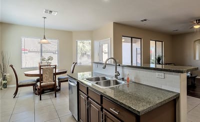Bright interior of a common area with dining table