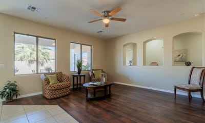 Bright and inviting common area with seating