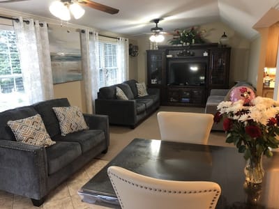Cozy common area with seating and dining table
