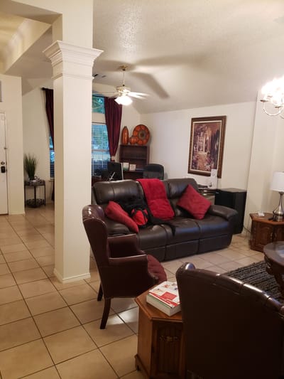 Cozy lounge area with comfortable seating and decor