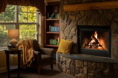 Cozy common area with a fireplace and bookshelves