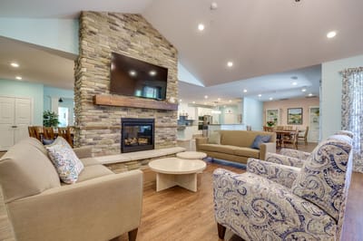 Interior common area with seating and fireplace