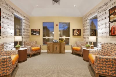 Bright common area with musical decor and seating