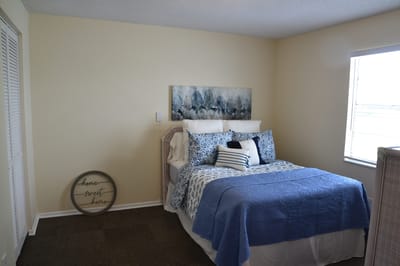 Cozy bedroom setup with home decor and bedding