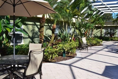 Outdoor seating area with tropical plants