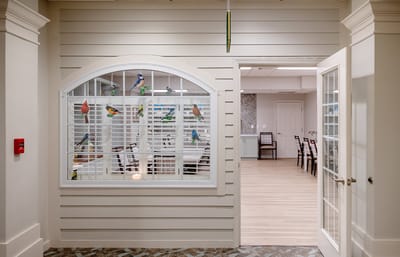 Entrance to a well-decorated facility lobby area