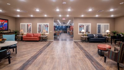 Bright common area with seating and decor