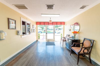 Bright interior view of the facility lobby.
