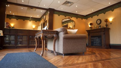 Interior view of a cozy lobby with seating