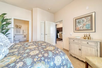 Bright interior of a resident room with floral decor