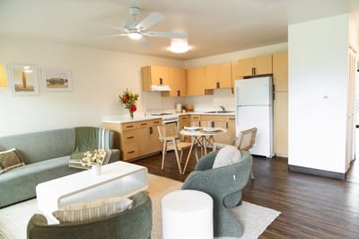 Bright interior of a resident apartment with modern furnishings
