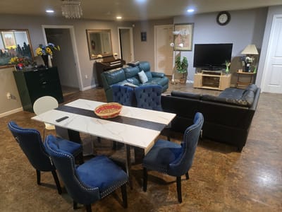 Common area with seating and decor in a nursing home
