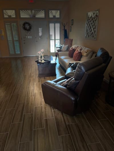Cozy interior seating area with sofas and decorative elements