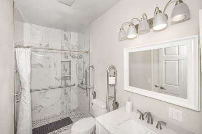 Brightly lit bathroom with modern fixtures