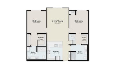 Architectural floor plan of a two-bedroom unit