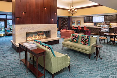 Comfortable lounge area with a cozy fireplace