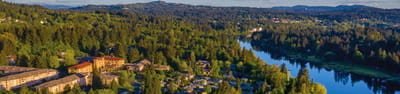 Aerial view of a senior living community surrounded by nature