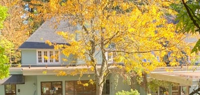Exterior view of the facility with autumn trees