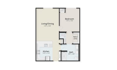 Architectural floor plan of a one-bedroom unit