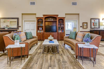 Interior common area with seating and shelves