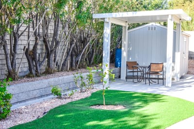 Outdoor seating area with greenery and shade
