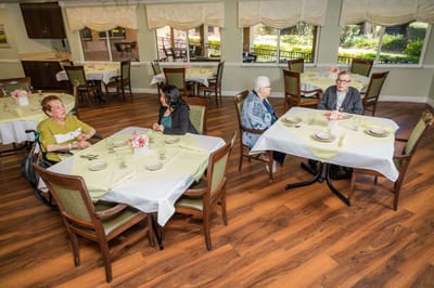 Residents dining in a well-decorated dining room