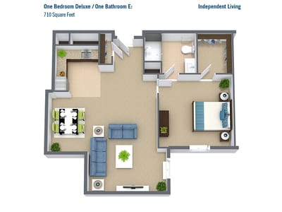 Architectural floor plan of a one-bedroom apartment